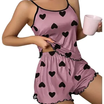 Dámské noční prádlo Dámské pyžamo se vzorem srdíček Jednobarevná souprava s tílkem a šortkami Lehký polyester Pohodlné noční prádlo Různé barvy růžová XS