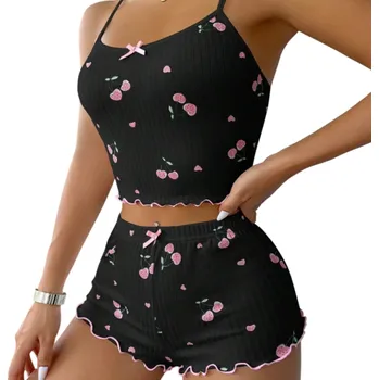 Dámské noční prádlo Dámské pyžamo s motivem třešní Tílko s kulatým výstřihem a kraťasy z polyesteru a spandexu Pohodlný letní komplet v různých barvách černá S