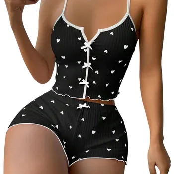 Dámské pyžamo Dámské pyžamo se vzorem srdíček Jednobarevná souprava s mašličkami Tílko s výstřihem do V a šortky Pohodlný set z polyesteru a spandexu černá XS