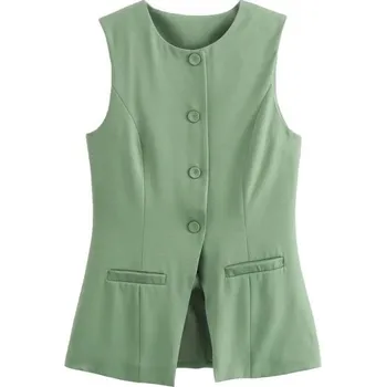 Dámská vesta Dámská elegantní jednobarevná vesta s výstřihem do O Zapínání na knoflíky Stylová polyesterová vesta bez rukávů pro každodenní i formální nošení zelená L