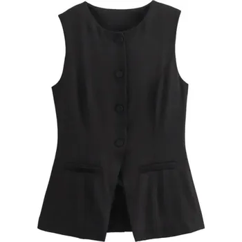 Dámská vesta Dámská elegantní jednobarevná vesta s výstřihem do O Zapínání na knoflíky Stylová polyesterová vesta bez rukávů pro každodenní i formální nošení černá M
