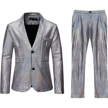 Pánský oblek Pánský lesklý oblek stříbrná XL