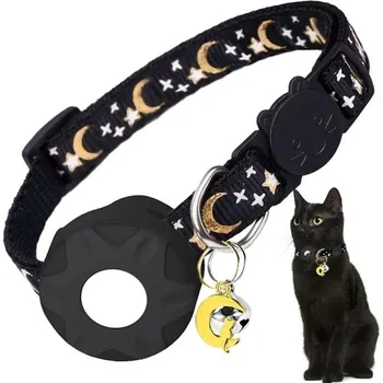 Obojek pro psa Obojek s držákem na AirTag pro kočky a malé psy Nastavitelný pohodlný obojek s potiskem měsíce a hvězd Barevné varianty Odolný materiál černá