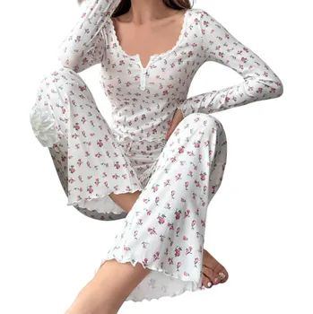 Dámské noční prádlo Dámské pyžamo s dlouhým rukávem a kalhotami Jednobarevný komplet s květinovým vzorem z polyesteru a spandexu v různých elegantních barvách bílá L