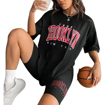 Dámské pyžamo Dámské letní pyžamo s krátkým rukávem a šortkami Jednobarevný komplet s nápisem Brooklyn z polyesteru a spandexu v různých barvách černá M