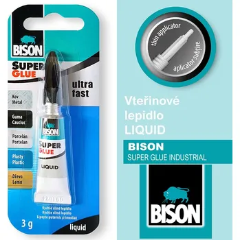 Průmyslové lepidlo Vteřinové lepidlo BISON Liquid. Určené pro lepení kov, guma, porcelán , plasty, dřevo. Balení 3g.