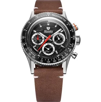 Hodinky Nivada Grenchen Chronoking Mecaquartz Racing Black - Inter. Bezel - Brown Leather White Stitching + 5 let záruka a dárek ZDARMA