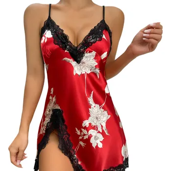 Dámská noční košile Dámská noční košile s květinovým vzorem a krajkou Elegantní jednobarevná košilka s výstřihem do V Rozparek Lehký polyester Různé barvy červená L