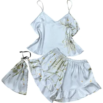 Dámské pyžamo Dámské pyžamo s motivem květin Tílko s výstřihem do V a kraťasy z lehkého polyesteru Elegantní pohodlný letní komplet v různých barvách šedá M