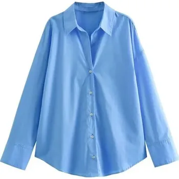 Dámská košile Dámská elegantní volná košile s límečkem a dlouhým rukávem Jednobarevná halenka na knoflíky z lehkého polyesteru Stylový top pro každý den modrá M