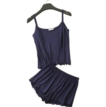 Dámské pyžamo Dámské pyžamo z modalu a spandexu Jednobarevný letní komplet s tílkem a kraťasy Výstřih do O Měkký prodyšný materiál na spaní námořnická modrá XS