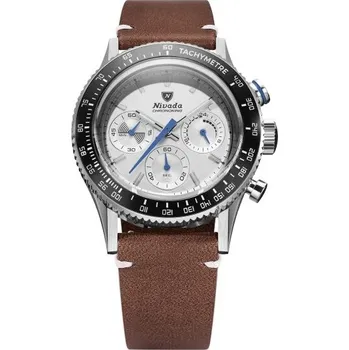 Hodinky Nivada Grenchen Chronoking Mecaquartz Racing Grey - Inter. Bezel - Brown Leather White Stitching + 5 let záruka a dárek ZDARMA