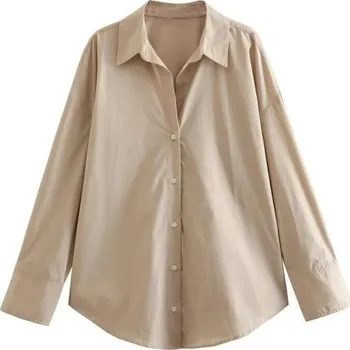 Dámská košile Dámská elegantní volná košile s límečkem a dlouhým rukávem Jednobarevná halenka na knoflíky z lehkého polyesteru Stylový top pro každý den khaki L