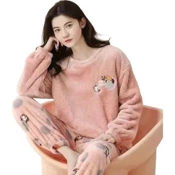 Dámské noční prádlo Dámské teplé zimní plyšové pyžamo Triko s dlouhým rukávem a kalhoty z měkkého polyesteru a spandexu Růžová barva Hřejivý komplet XL