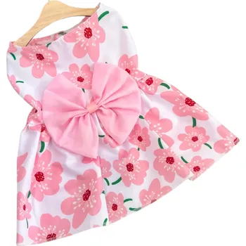 Obleček pro psa Růžové květinové šaty pro psa 30 x 26 cm Velikost S Obleček s ozdobnou mašlí na zádech Stylové letní šaty pro malé psy a fenky