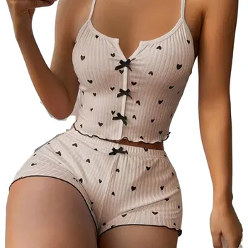 Dámské pyžamo Dámské pyžamo se vzorem srdíček Jednobarevná souprava s mašličkami Tílko s výstřihem do V a šortky Pohodlný set z polyesteru a spandexu béžova S