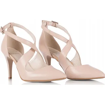 Dámské lodičky Taneční lodičky na podpatku z kůže, tělové (nude) barvy, s pásky, velikost 39