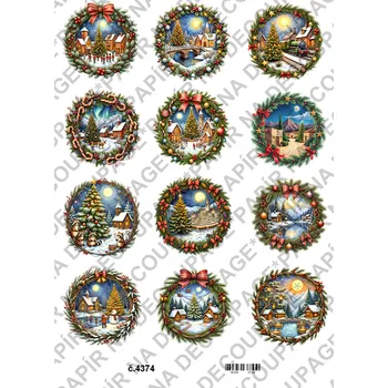 Umělecký papír Rýžový a soft papír na decoupage - Vánoční kolečka - KB4374 Materiál: Soft, Rozměr: A4