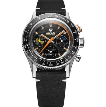 Hodinky Nivada Grenchen Chronoking Mecaquartz Racing Carbon - Inter. Bezel - Black Leather White Stitching + 5 let záruka a dárek ZDARMA