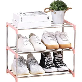 Botník Botník se 3 policemi 43 x 26 x 38 cm Plastový stojan na boty z PP a pozinkované oceli Stabilní odkládací regál do předsíně a domácnosti růžová