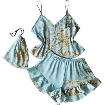 Dámské noční prádlo Dámské pyžamo s motivem květin Tílko s kulatým výstřihem a kraťasy z lehkého polyesteru Pohodlný letní komplet v různých barvách tyrkysová XL