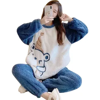 Dámské pyžamo Dámské teplé zimní plyšové pyžamo s motivem medvídka Triko s dlouhým rukávem a kalhoty z měkkého polyesteru a spandexu Modrá barva XL