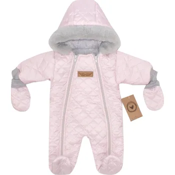 Kojenecká kombinéza Z&Z Zimní prošívaná kombinéza s kožešinou a kapucí + rukavičky - sv.růžová Velikost: 56 (1-2m)