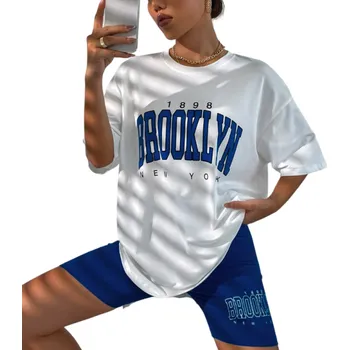 Dámské pyžamo Dámské letní pyžamo s krátkým rukávem a šortkami Jednobarevný komplet s nápisem Brooklyn z polyesteru a spandexu v různých barvách modrá S