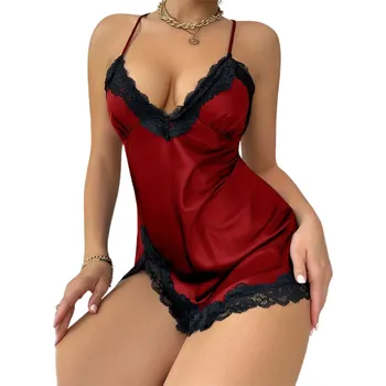 Dámská noční košile Dámská saténová noční košile s krajkou a rozparkem Elegantní jednobarevná košilka s výstřihem do V Polyester Modal Různé barvy červená L