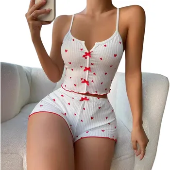 Dámské pyžamo Dámské pyžamo se vzorem srdíček Jednobarevná souprava s mašličkami Tílko s výstřihem do V a šortky Pohodlný set z polyesteru a spandexu bílá XS