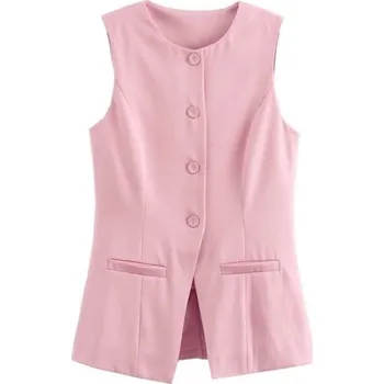 Dámská elegantní jednobarevná vesta s výstřihem do O Zapínání na knoflíky Stylová polyesterová vesta bez rukávů pro každodenní i formální nošení růžová M