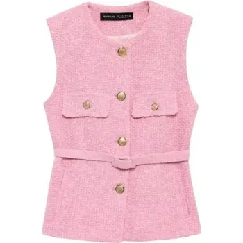 Dámská vesta Dámská elegantní jednobarevná vesta s páskem a kapsičkami na prsou Stylová vesta s výstřihem do O Zapínání na knoflíky Různé barvy růžová XS