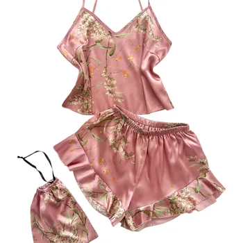 Dámské noční prádlo Dámské pyžamo s motivem květin Tílko s výstřihem do V a kraťasy z lehkého polyesteru Elegantní pohodlný letní komplet v různých barvách růžová S