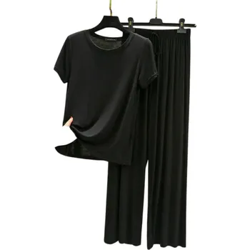 Dámské pyžamo Dámské pyžamo z modalu a spandexu Jednobarevný komplet s tričkem s krátkým rukávem a výstřihem do O Pohodlné dlouhé kalhoty černá XL