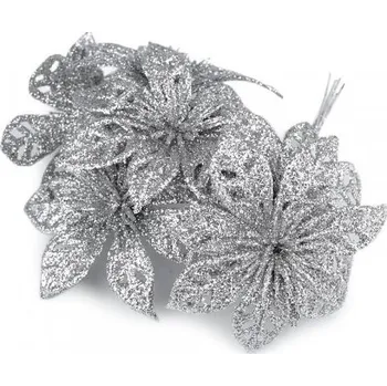 Vánoce Vánoční hvězda 7 cm na drátku s glitry, stříbrná