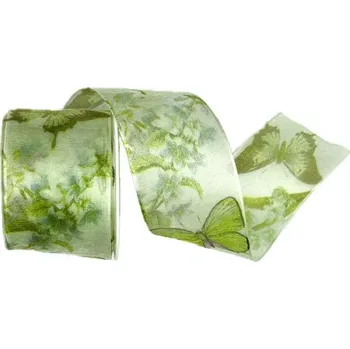 Stuha Stuha organzová BUTTERFLY DREAM GREEN zelená průsvitná 40mm x 2m (15,-Kč/m) (Stuha organzová, průsvitná, oboustranná, s vetkaným vlascem v lemu)