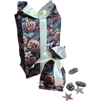 Dárková taška Dárková sada - Velký a malý textilní pytlík - Vánoce - tmavě modrá s motivem šišek