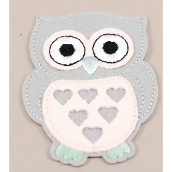 Nášivka Nažehlovací záplata - sovička se srdíčky - rozměr 7,5 cm x 6 cm - růžová, šedá šedá_CEZ2513