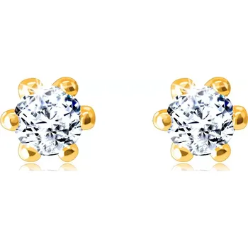 Náušnice Náušnice ze 14K žlutého zlata - třpytivý kulatý zirkon, lemovaný lesklými tyčinkami