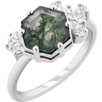 Prsten Jedinečný prsten s mechovým achátem a moissanity Anita