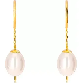 Náušnice Visací náušnice ve žlutém 14K zlatě - bílá perla oválného tvaru, oblouček a úzký pás