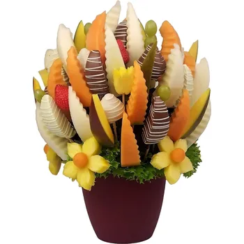 Dárkový potravinový koš Ovocná kytice Tulipánky – kytice z ovoce a čokolády Velikost produktu: Malá 1,3 kg