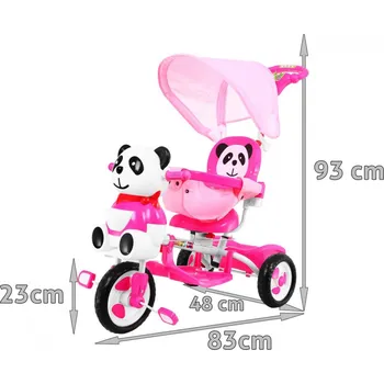 Dětské vozidlo dětské tříkolové kolo Panda Pink + zvuky + stříška + zábrana + opěrka nohou + rukojeť + ližiny + úložný prostor