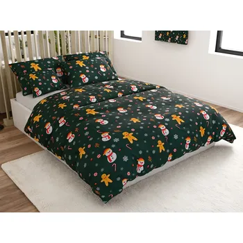 Povlečení Textilomanie Flanelové povlečení z mikrovlákna Sněhulák a perníček zelené 140 x 200, 70 x 90 cm zipový uzávěr