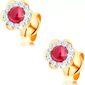 Náušnice Zlaté náušnice 585 - blýskavý kvítek s kulatým rubínem uprostřed