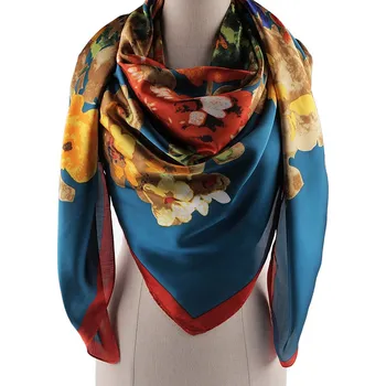 Šátek Velký saténový šátek s květy 130x135 cm