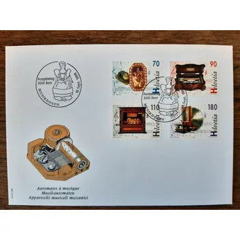 Poštovní známka Švýcarsko FDC 1585/8, hudební stroje, r. 1996