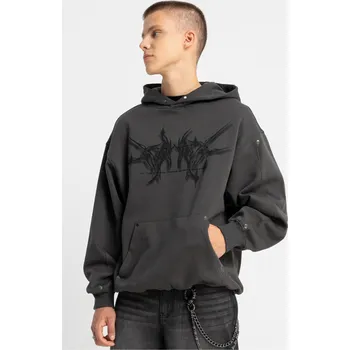 Chlapecká mikina Reporter Young | Chlapecká tmavě šedá zateplená mikina OVERSIZE s kapucí, abstraktním potiskem a cvočky - Barva TMAVĚ ŠEDÁ, Velikost 176/182 253-0551B-14-190-1