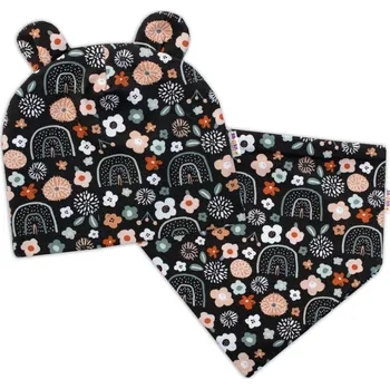 Kojenecký body Baby Nellys Dvouvrstvá čepice s oušky + šátek Palouček, grafit Velikost: 62-74 (3-9m)