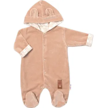 Kojenecký overall Semiškový, velurový overal s kapucí Baby Nellys New Bunny, hnědý Velikost: 74 (6-9m)
